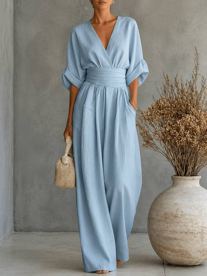 Women's Elegant V-Neck Draped Waist Wide Leg Jumpsuit