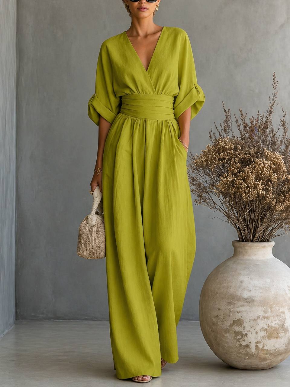 Women's Elegant V-Neck Draped Waist Wide Leg Jumpsuit