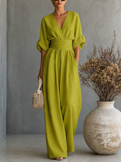 Women's Elegant V-Neck Draped Waist Wide Leg Jumpsuit