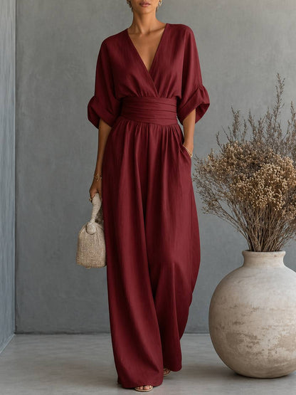 Women's Elegant V-Neck Draped Waist Wide Leg Jumpsuit