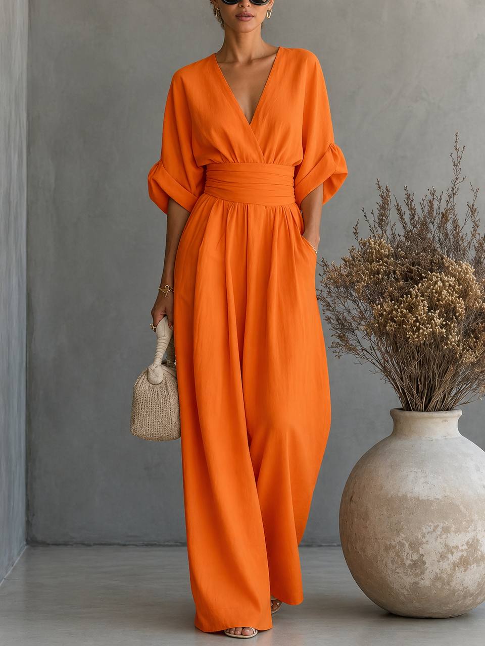 Women's Elegant V-Neck Draped Waist Wide Leg Jumpsuit