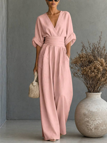 Women's Elegant V-Neck Draped Waist Wide Leg Jumpsuit