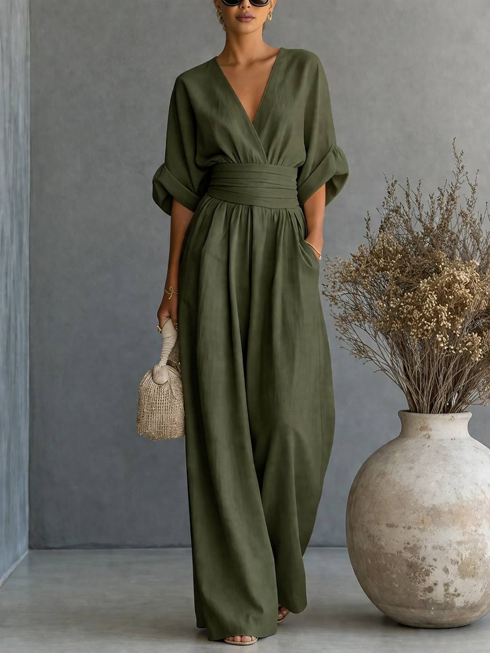 Women's Elegant V-Neck Draped Waist Wide Leg Jumpsuit