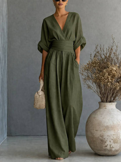 Women's Elegant V-Neck Draped Waist Wide Leg Jumpsuit