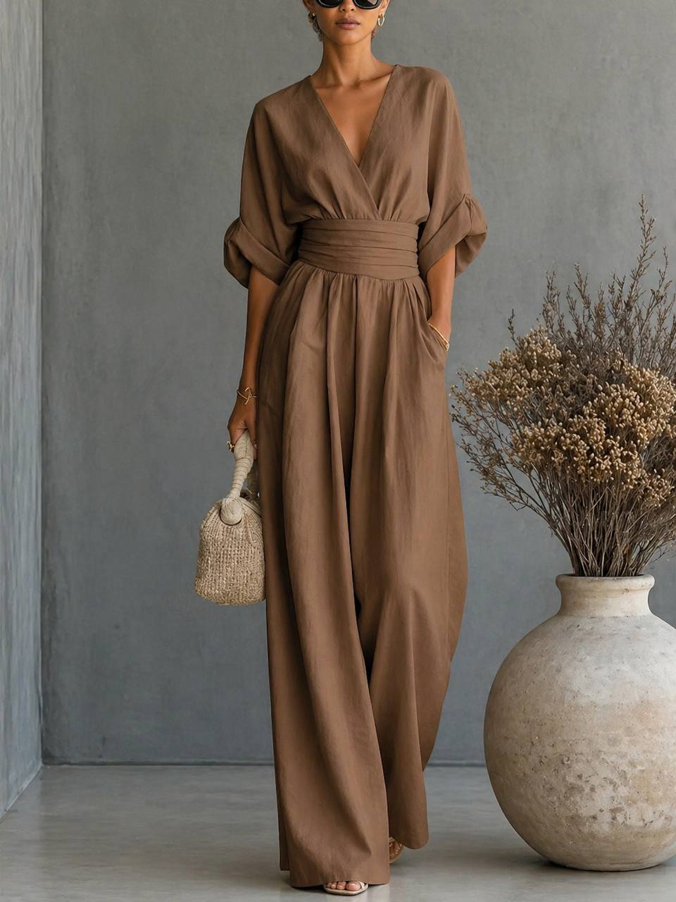 Women's Elegant V-Neck Draped Waist Wide Leg Jumpsuit