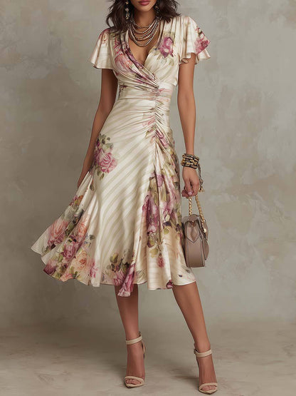 Women's Elegant Floral Wrap Midi Dress