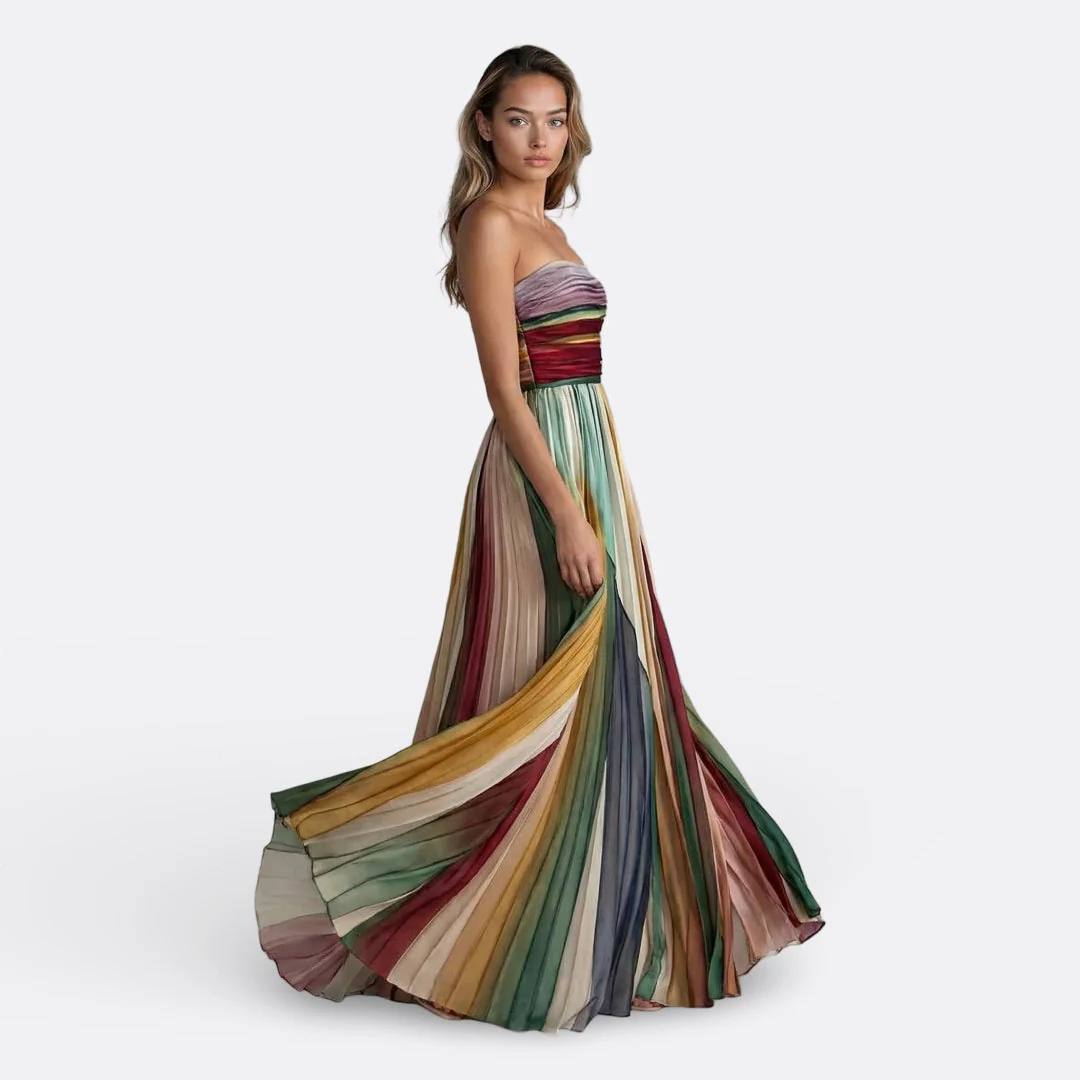 Women's Strapless Rainbow Pleated Maxi Dress