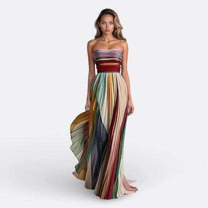 Women's Strapless Rainbow Pleated Maxi Dress