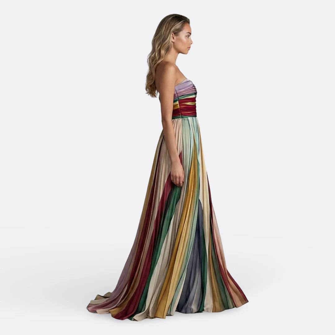 Women's Strapless Rainbow Pleated Maxi Dress