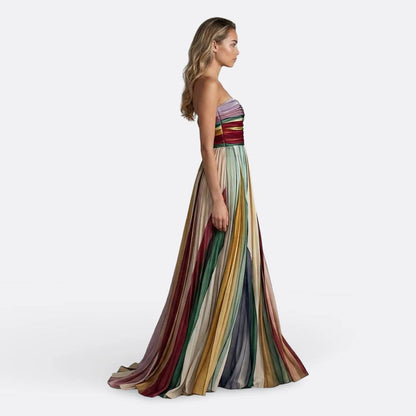 Women's Strapless Rainbow Pleated Maxi Dress