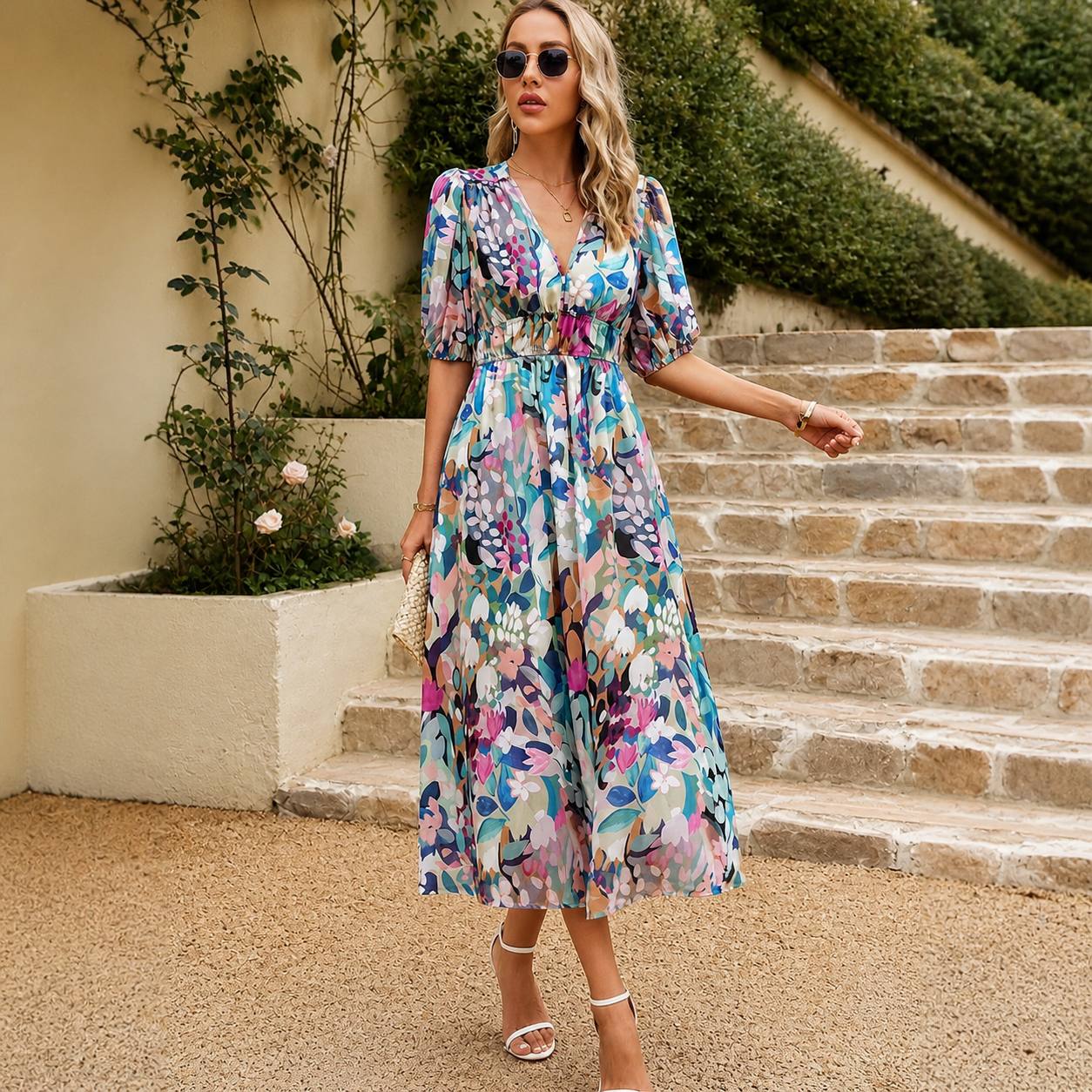 Women's Floral V Neck Puff Sleeve Midi Dress