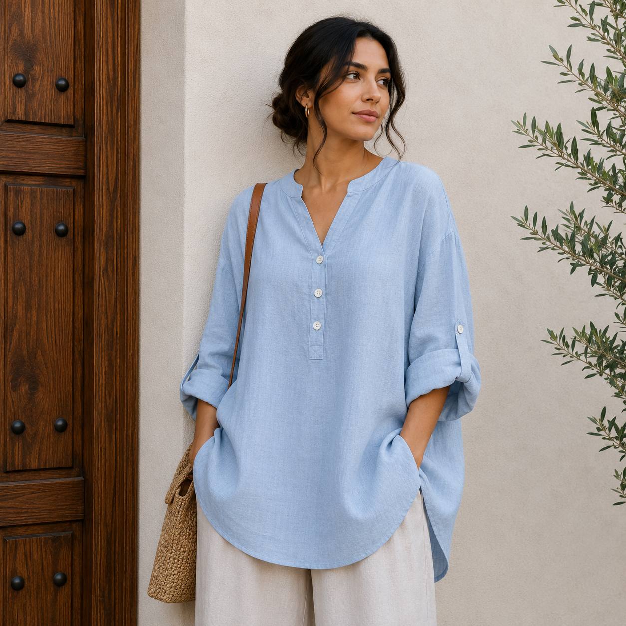 Women's Casual Linen Roll Sleeve Blouse