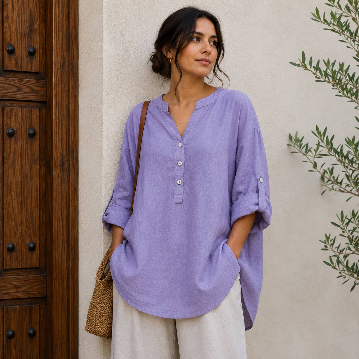 Women's Casual Linen Roll Sleeve Blouse