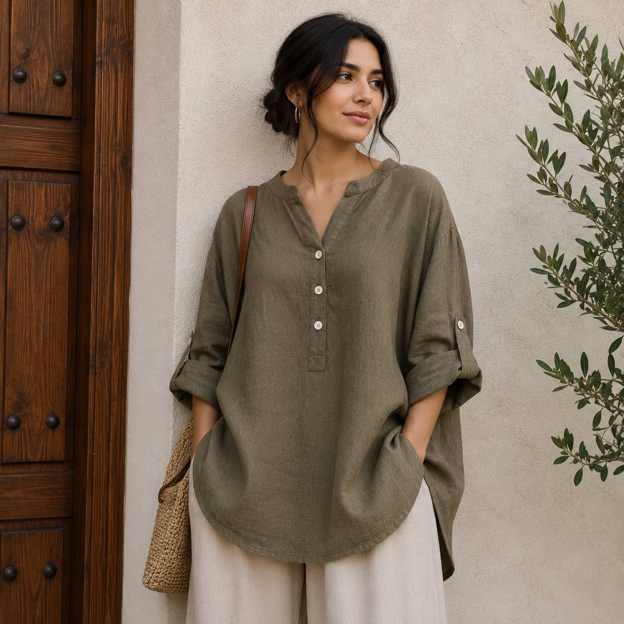 Women's Casual Linen Roll Sleeve Blouse