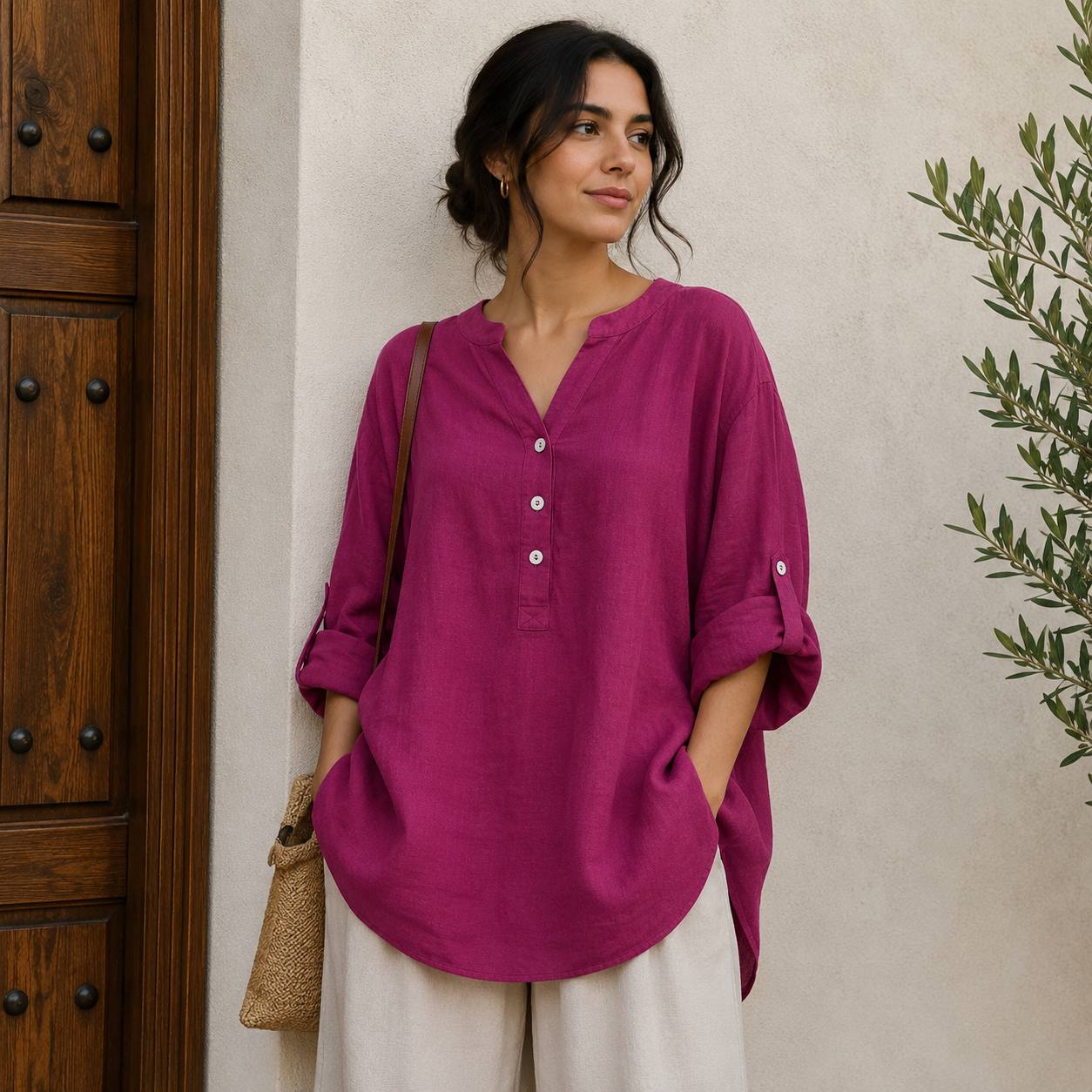 Women's Casual Linen Roll Sleeve Blouse