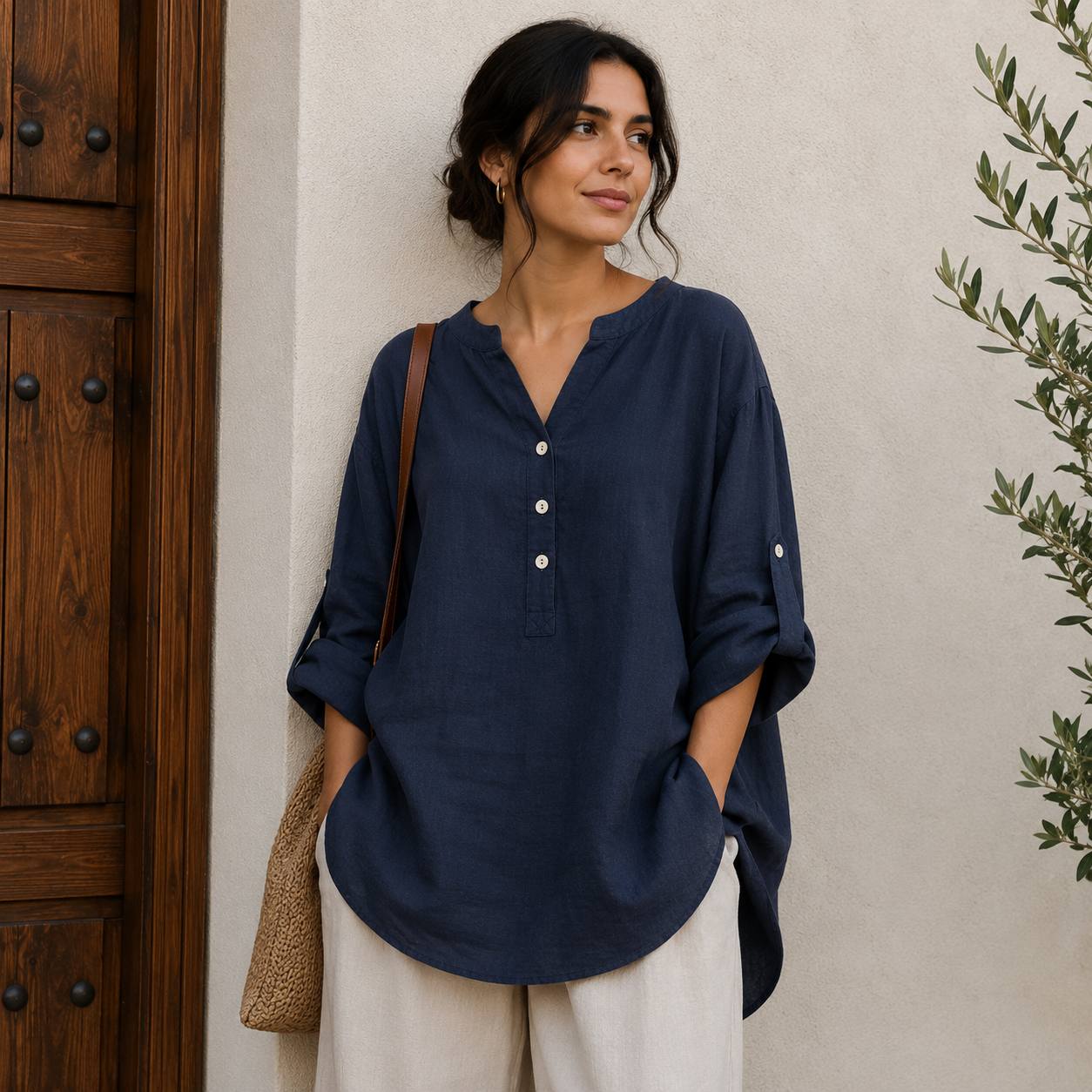 Women's Casual Linen Roll Sleeve Blouse