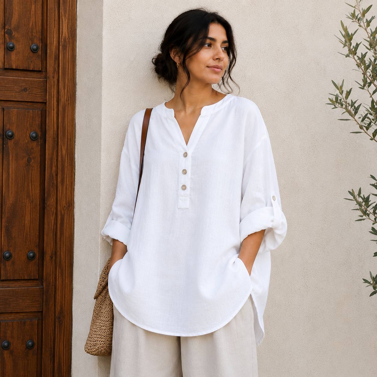 Women's Casual Linen Roll Sleeve Blouse