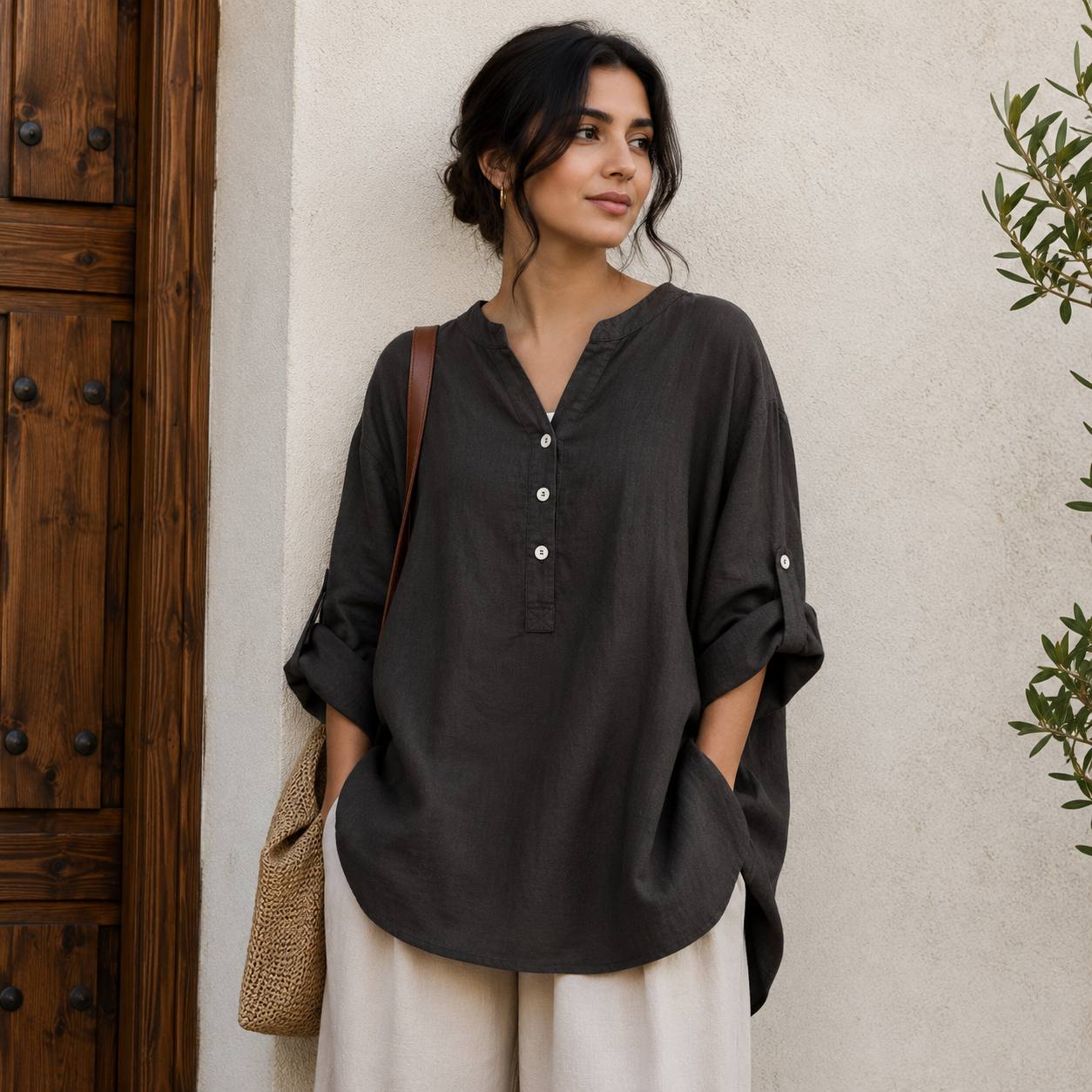 Women's Casual Linen Roll Sleeve Blouse