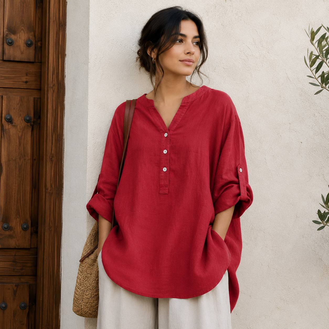 Women's Casual Linen Roll Sleeve Blouse