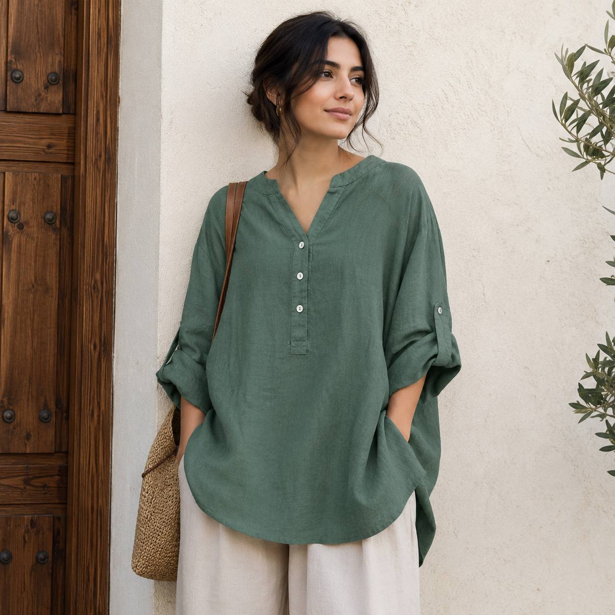 Women's Casual Linen Roll Sleeve Blouse