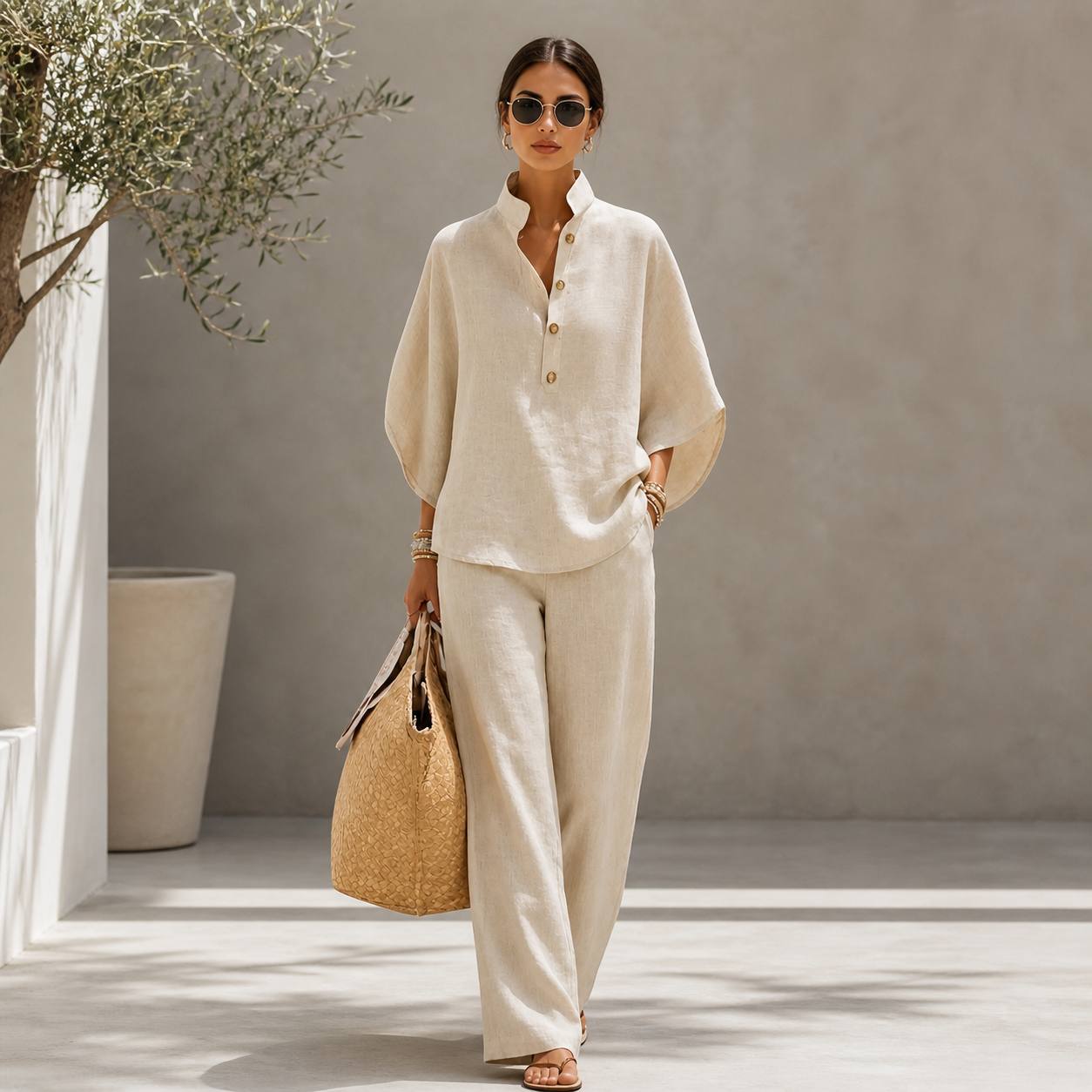 Women's Linen Long Sleeve Two-Piece Lounge Set