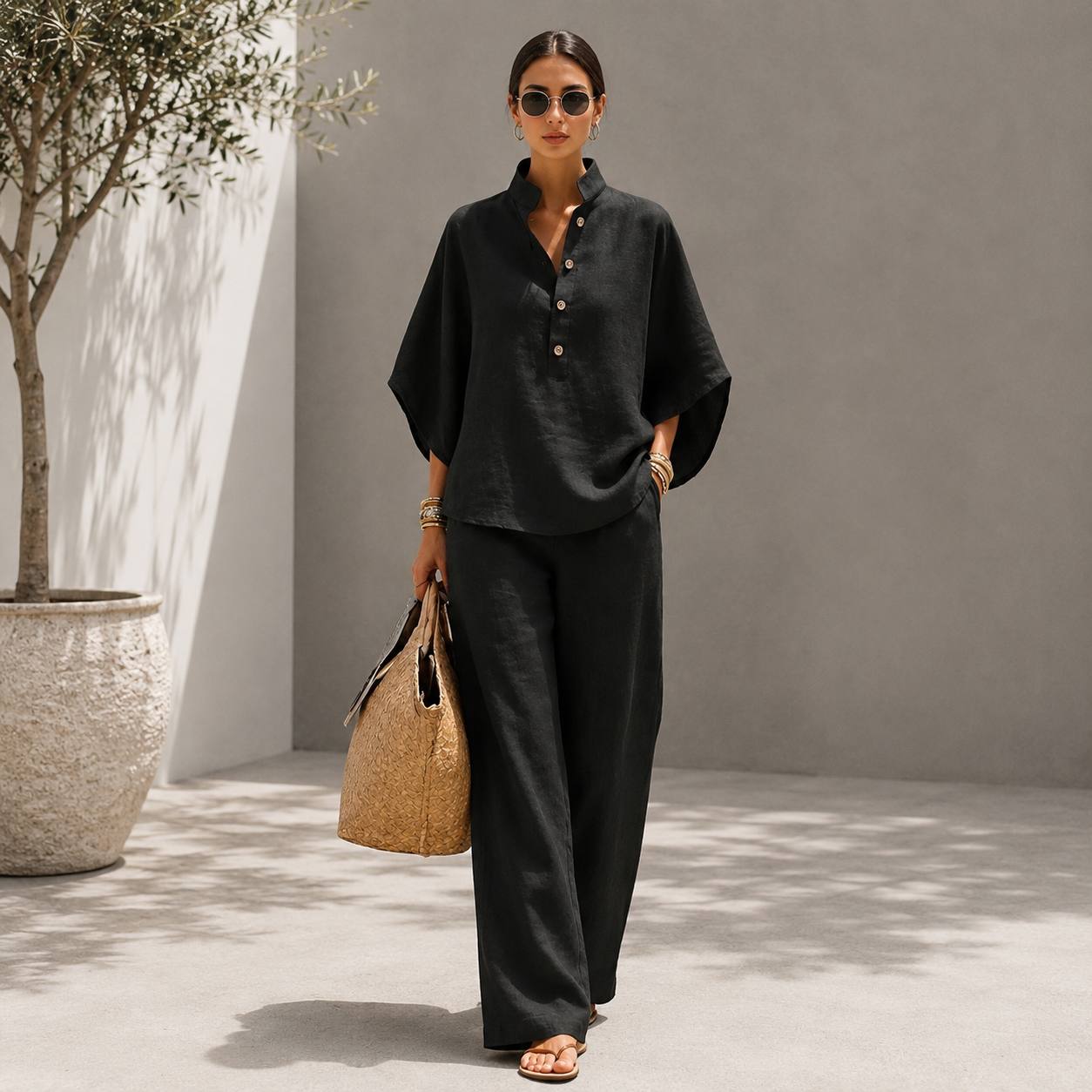 Women's Linen Long Sleeve Two-Piece Lounge Set