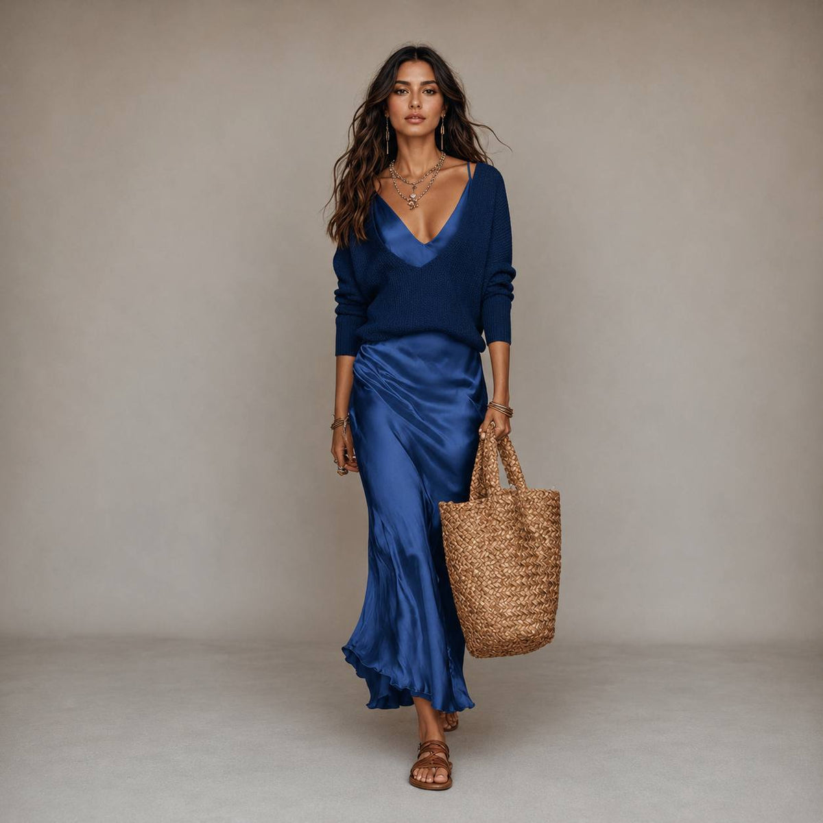 Women's Satin Slip Dress & V-Neck Knit Sweater Set