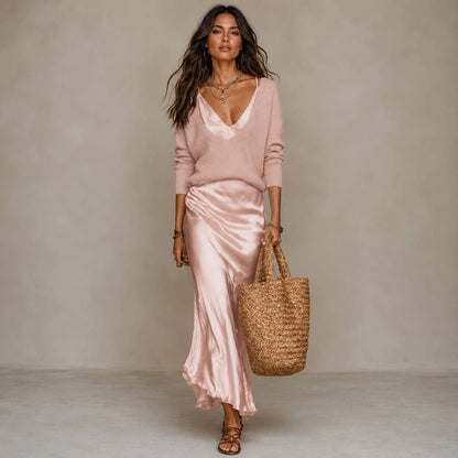 Women's Satin Slip Dress & V-Neck Knit Sweater Set