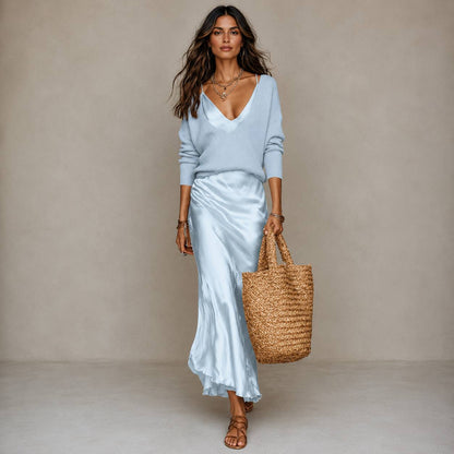 Women's Satin Slip Dress & V-Neck Knit Sweater Set