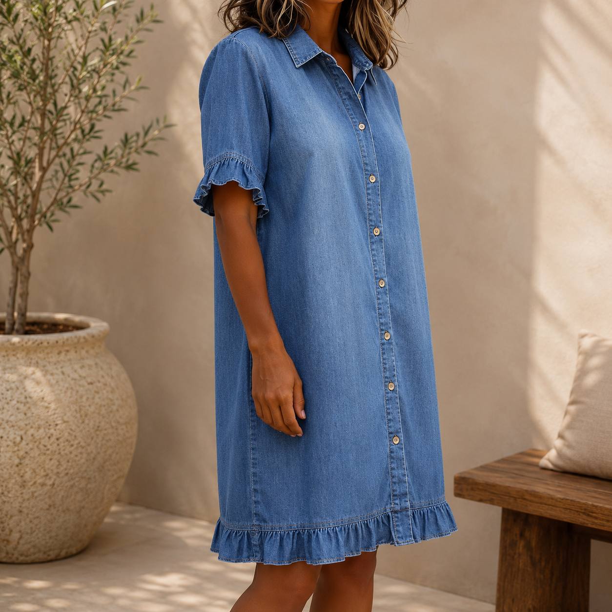 Lunessa | Denim Ruffle Shirt Dress