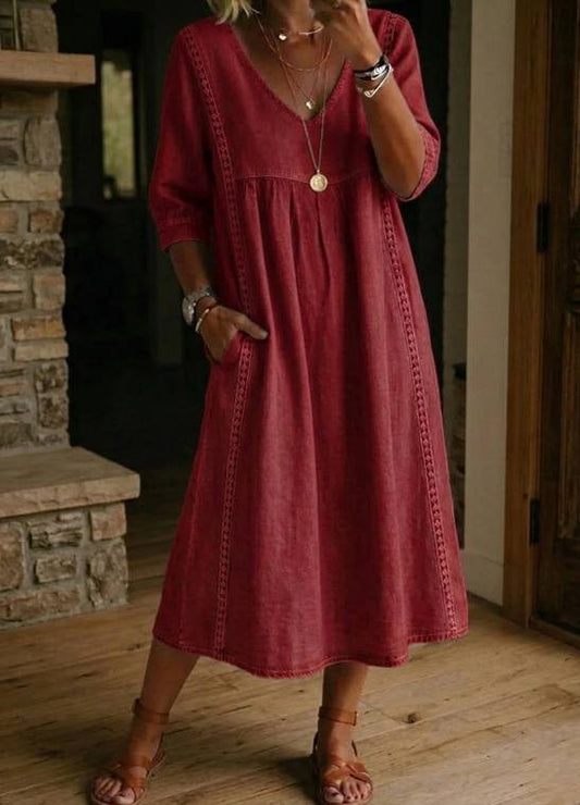 Women's Relaxed V-Neck Pocket Midi Dress