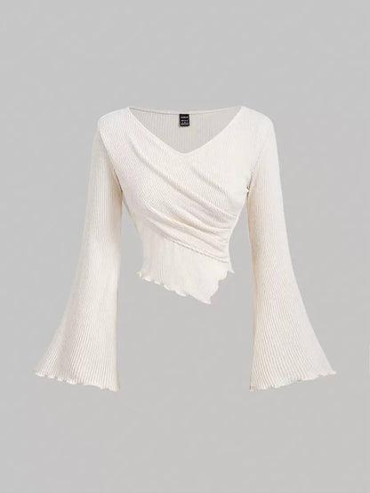 Women's Ruched Ribbed Knit Wrap Bell Sleeve Blouse