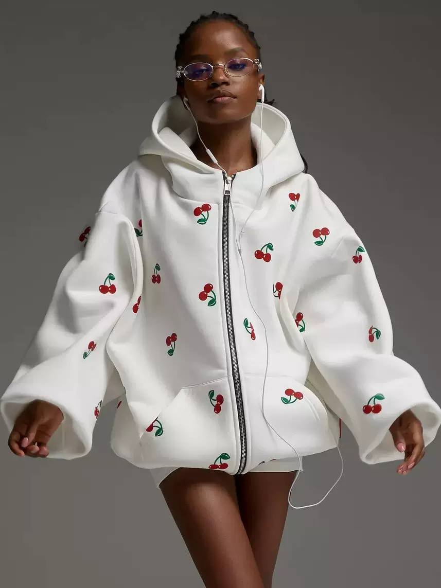 Women's Cherry Oversized Zip Up Cotton Hoodie