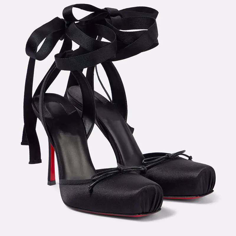Women's Satin Lace Up Heels Square Toe