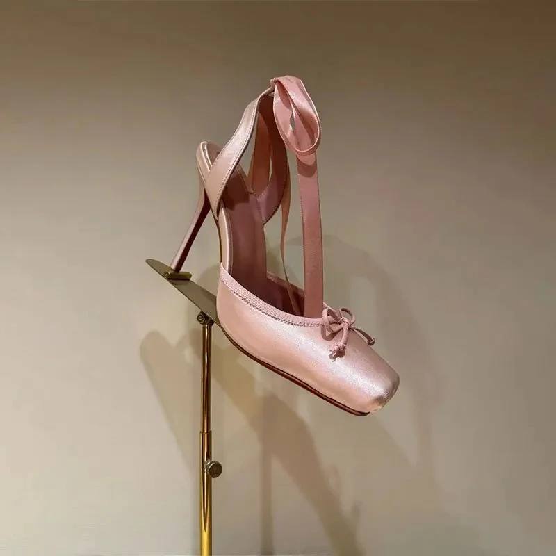 Women's Satin Lace Up Heels Square Toe