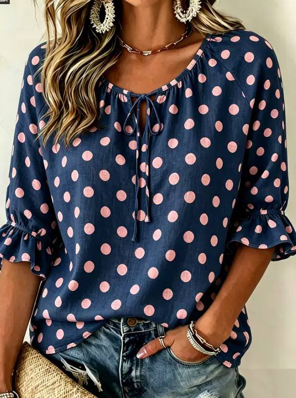 Women's Polka Dot Tie Neck Ruffle Sleeve Blouse