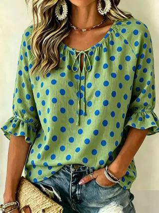 Women's Polka Dot Tie Neck Ruffle Sleeve Blouse
