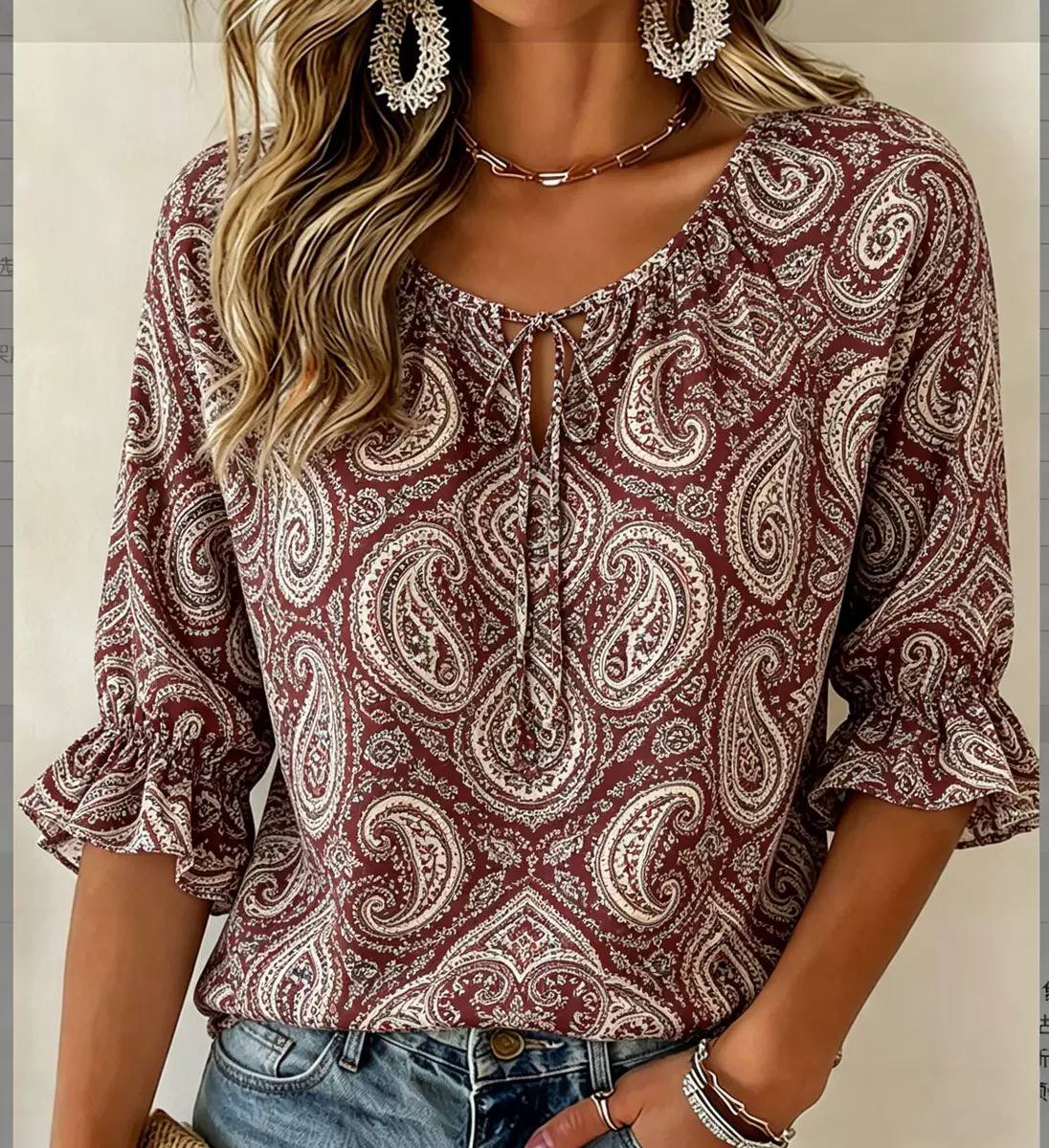 Women's Tie Neck Ruffle Sleeve Blouse