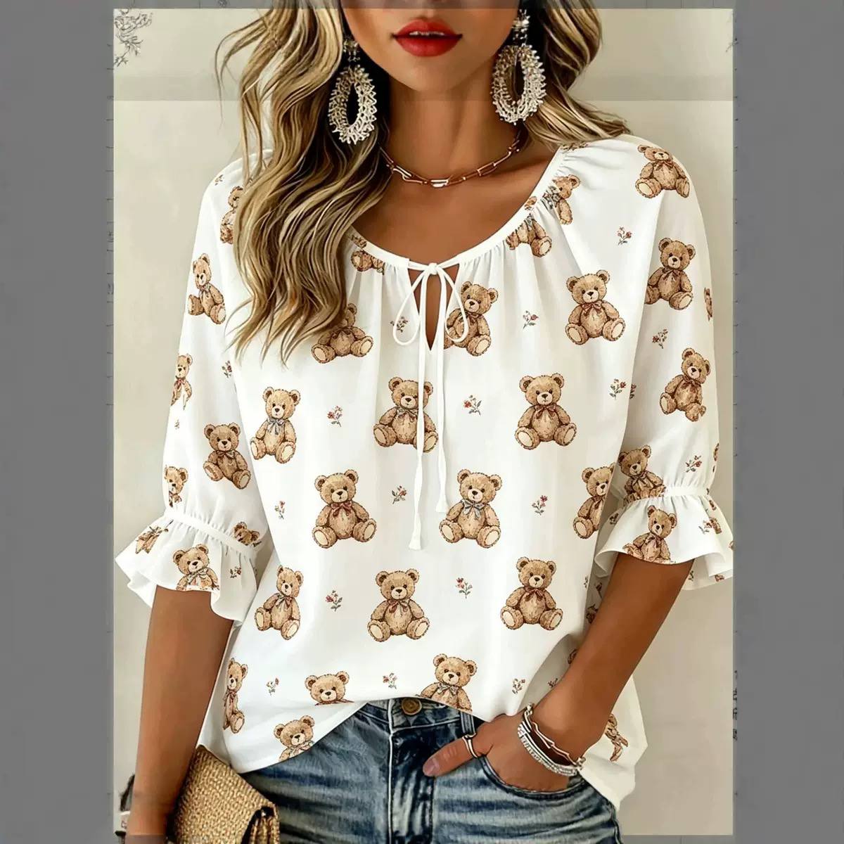 Women's Tie Neck Ruffle Sleeve Blouse