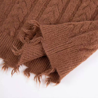 Women's Distressed Cable Knit Crew Neck Sweater