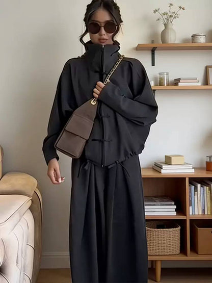 Women's High Neck Zip Jacket & Wide Leg Trouser Set