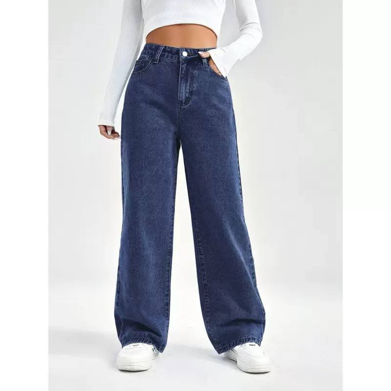 Women's High Waist Wide Leg Washed Cotton Denim Jeans
