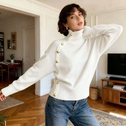 Women’s Button Detail Turtleneck Knit Sweater