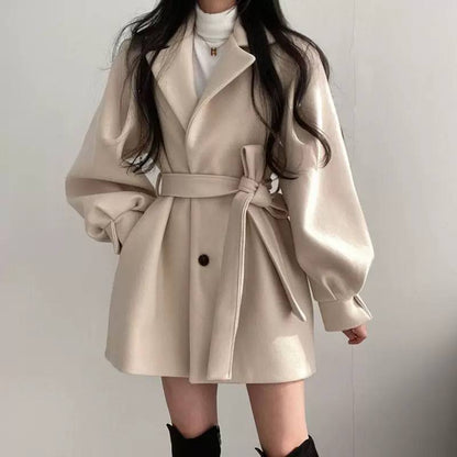 Belted Coat Double-Breasted Front, Wide Lapel Collar, Long Sleeves & Flared Short Fit