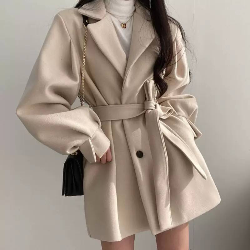 Belted Coat Double-Breasted Front, Wide Lapel Collar, Long Sleeves & Flared Short Fit