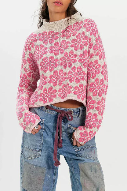 Floral Knit Sweater – Long Sleeve, Crew Neck & Relaxed Fit