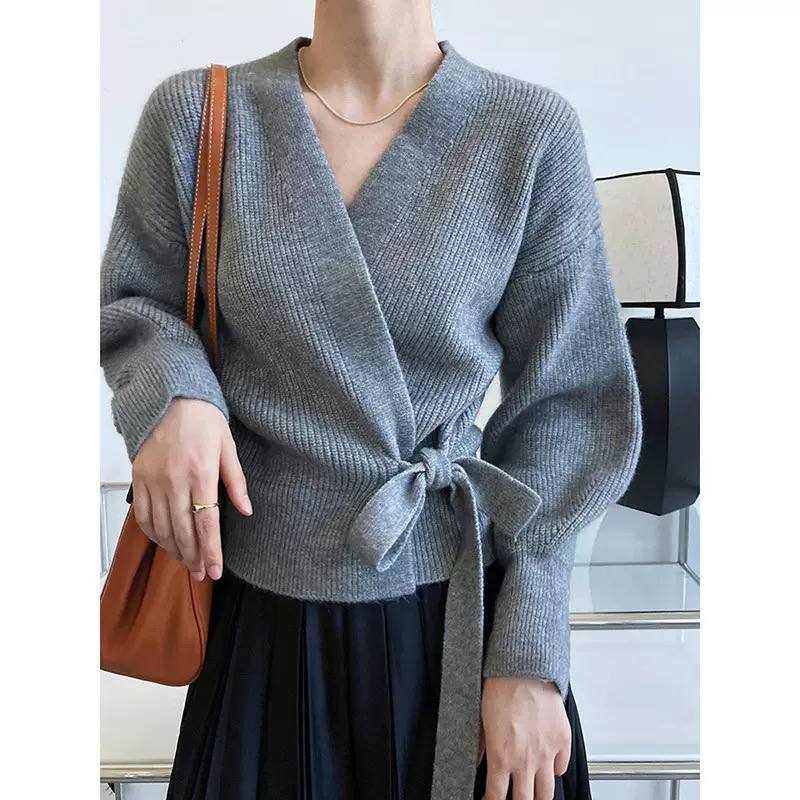 Ribbed Knit Wrap Sweater– Long Sleeve, V-Neck, Tie Waist & Relaxed Fit