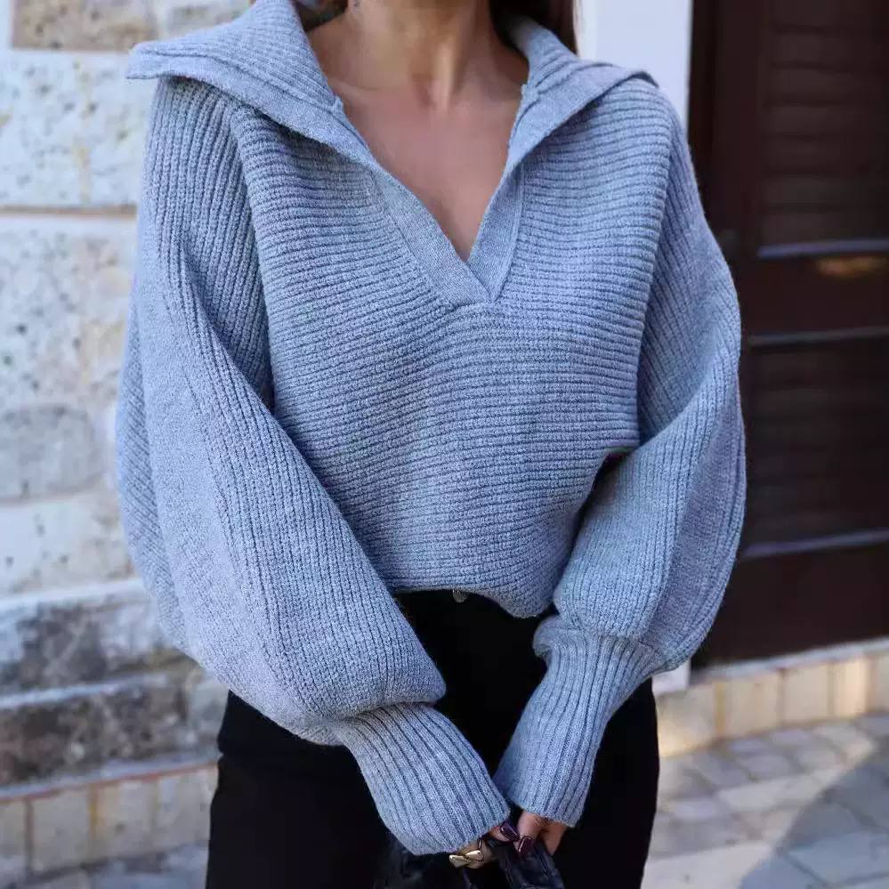 Knit Sweater – Long Sleeve Ribbed Pullover with Relaxed Fit and V-Neck Collar