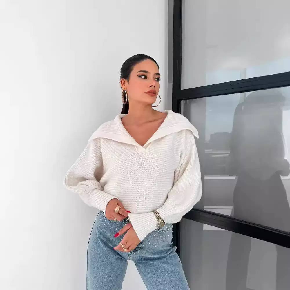 Knit Sweater – Long Sleeve Ribbed Pullover with Relaxed Fit and V-Neck Collar