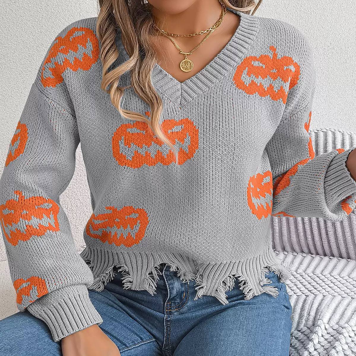 Pumpkin V-Neck Knit Sweater Distressed Hem & Ribbed Cuffs